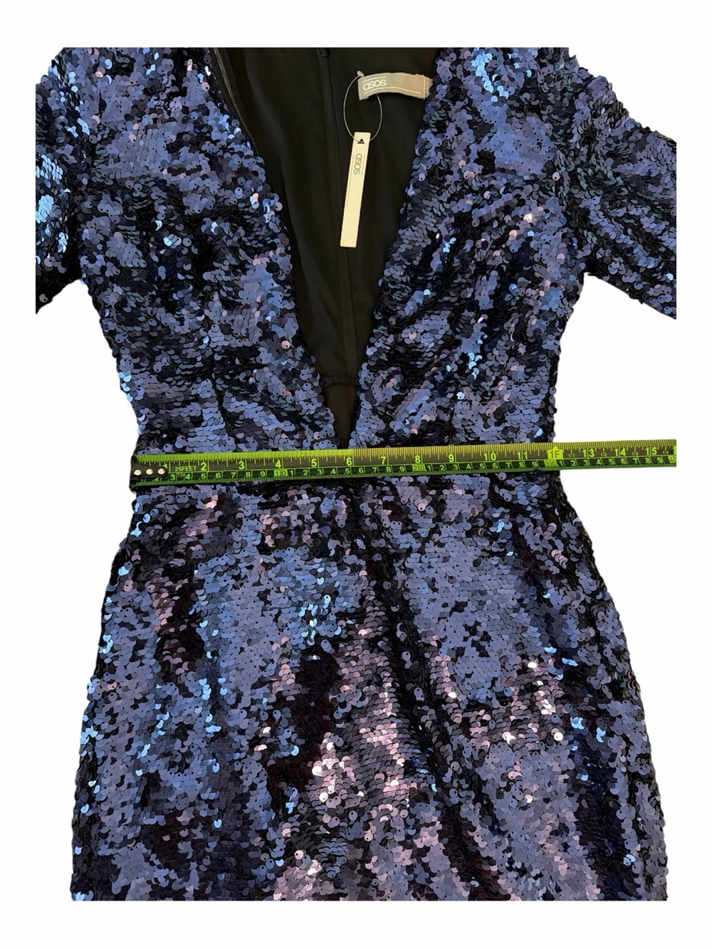 NWT ASOS Navy Sequin Plunge Neck Bodycon Mini Dress Long Sleeve US 2 - Picture 9 of 16